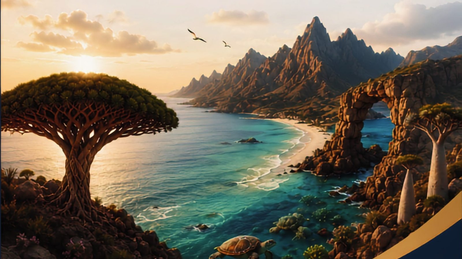 Socotra coastline with mountains and dragon blood trees